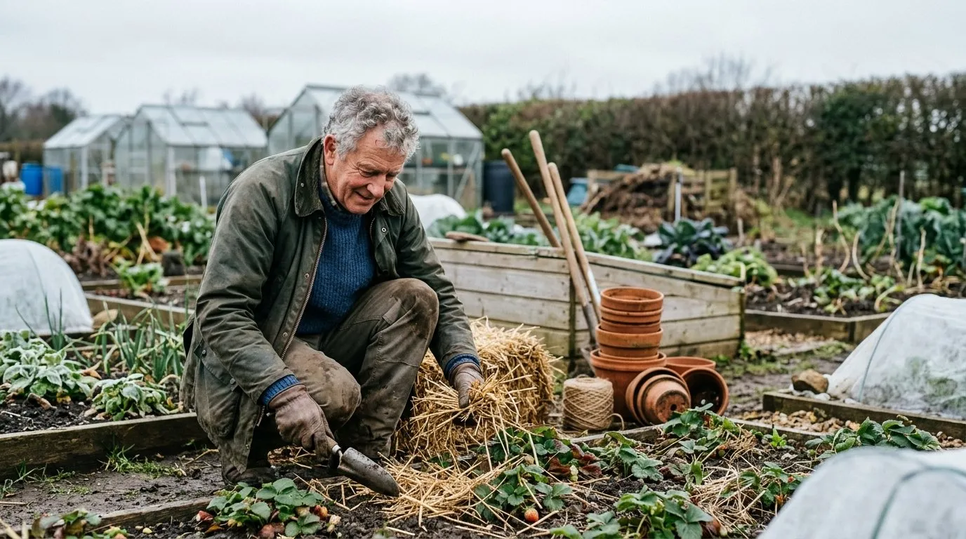 UK gardener working on overwinter plants in a real garden setting