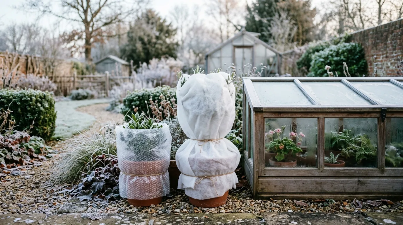 Overwinter plants protected in a frosty UK garden with fleece-wrapped pots and a cold frame