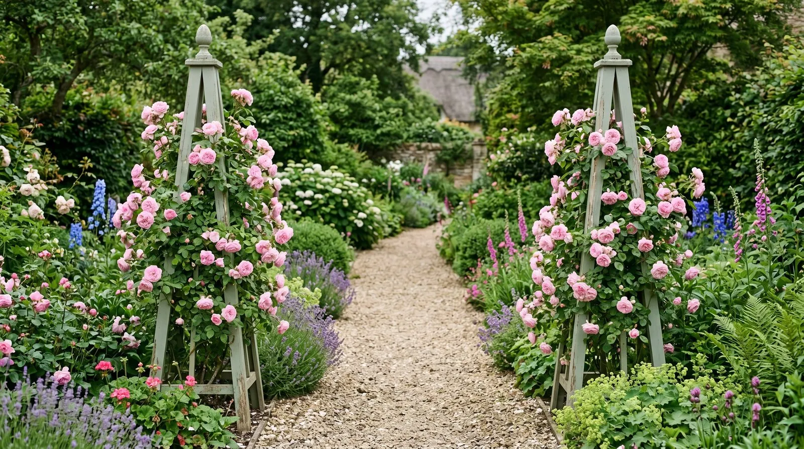 A matched pair of timber obelisks framing a gravel path in a UK garden, each planted with the same climbing rose