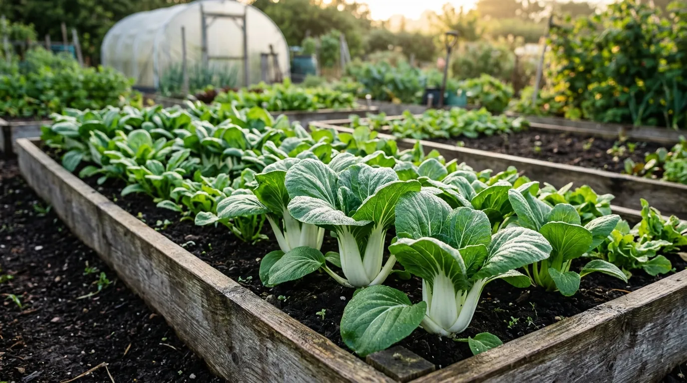 Pak choi and Asian greens growing in neat rows in a UK raised bed kitchen garden