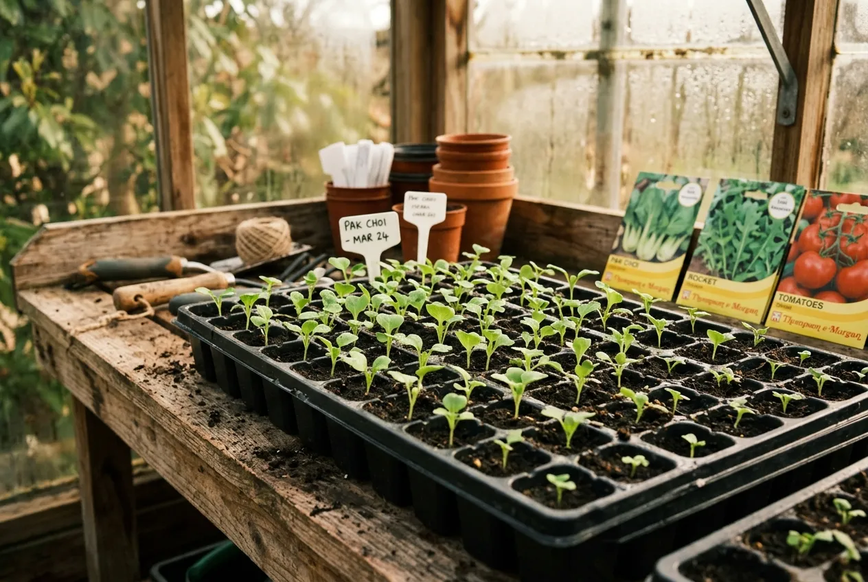 Pak choi seedlings growing in module trays on a potting bench in a UK greenhouse