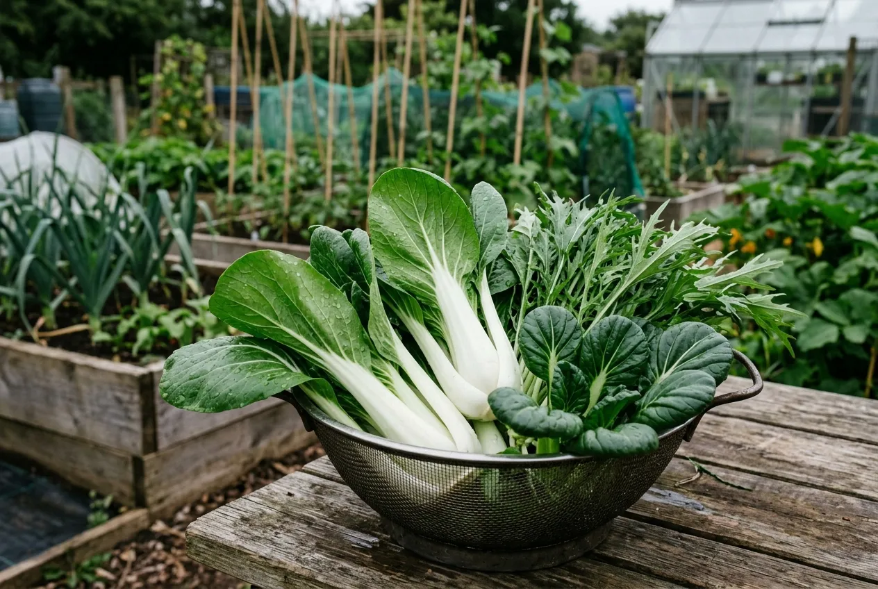 Freshly harvested pak choi and Asian greens in a colander on a UK allotment