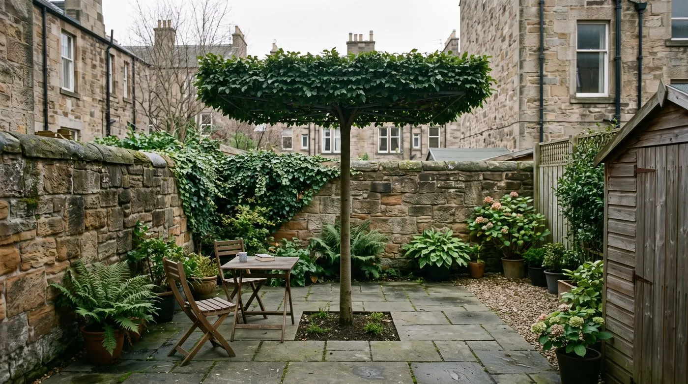 A trained roof-form parasol tree casting flat rectangular shade over a small paved Glasgow garden with seating beneath