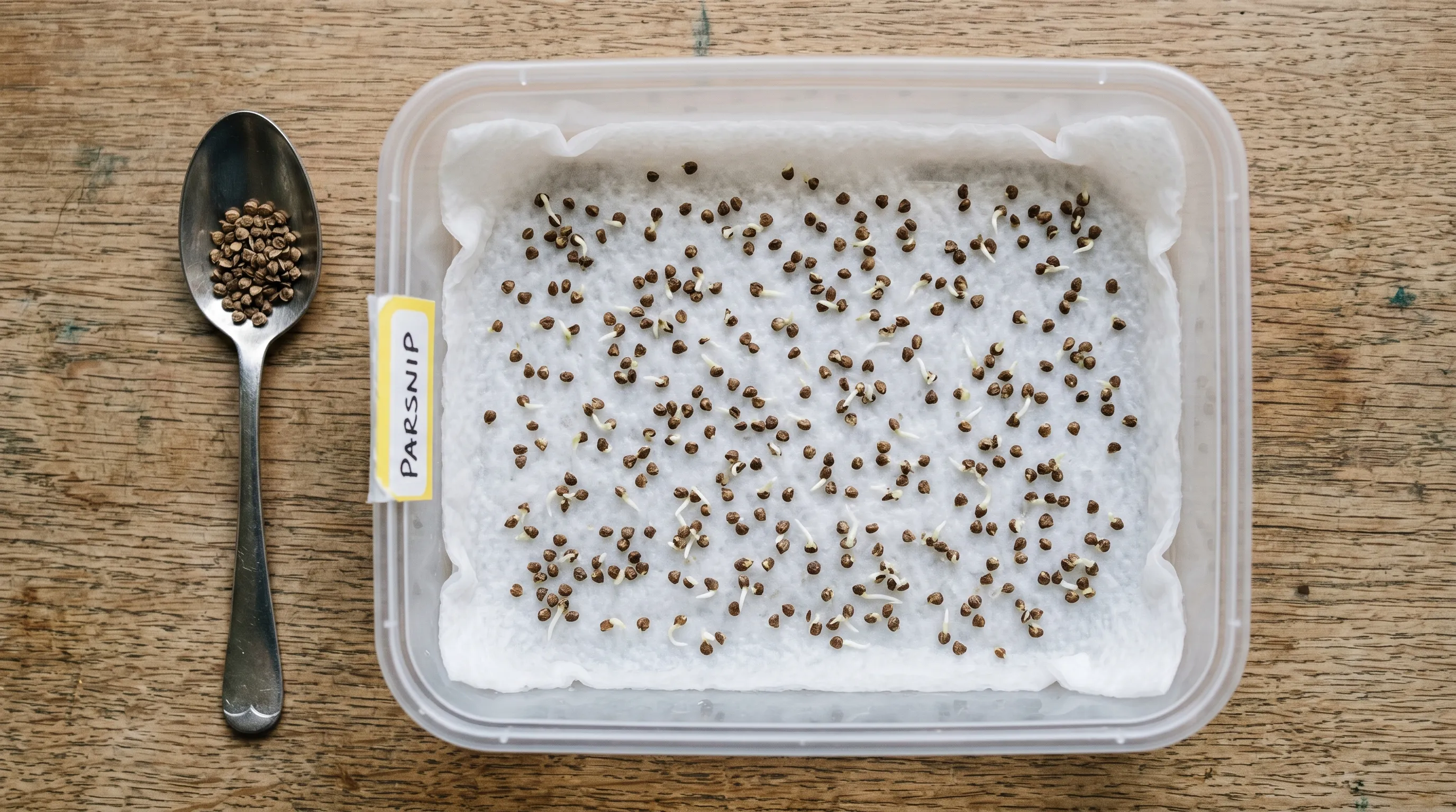 Parsnip seeds laid out on damp white kitchen paper showing pre-germinated emerging radicles, ready for fluid drilling
