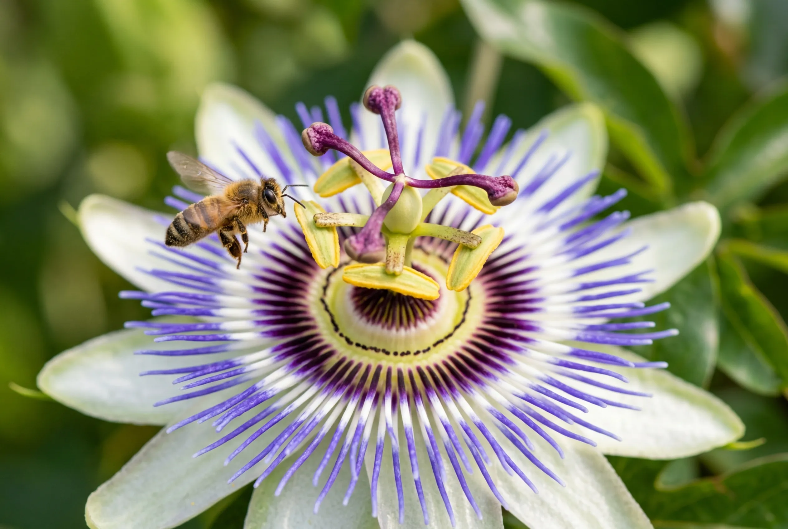 Close-up macro of a passionflower bloom showing intricate blue white and purple corona filaments with a bee visiting