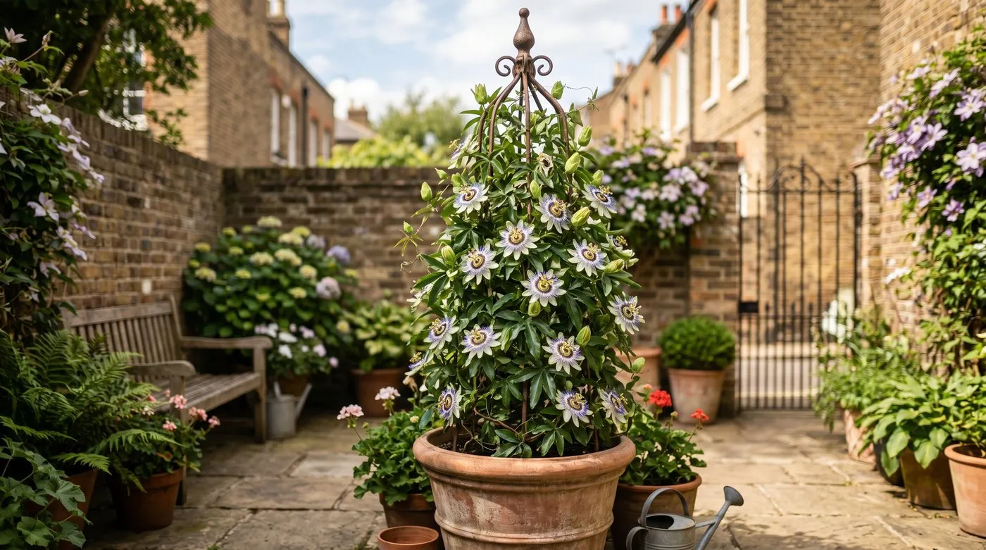 Passiflora caerulea trained up an obelisk in a large terracotta pot on a sunny patio