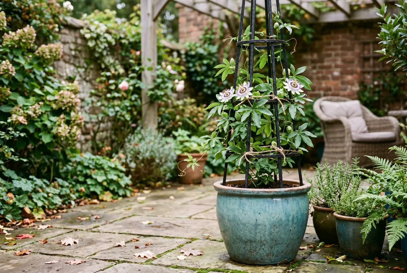 Young passionflower stems tied to a metal obelisk in a frost-proof glazed pot on a sheltered Midlands patio