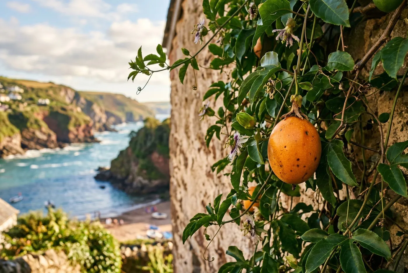 Ripening orange passion fruit hanging among foliage on a passionflower trained against a south-facing seaside terrace wall in Devon