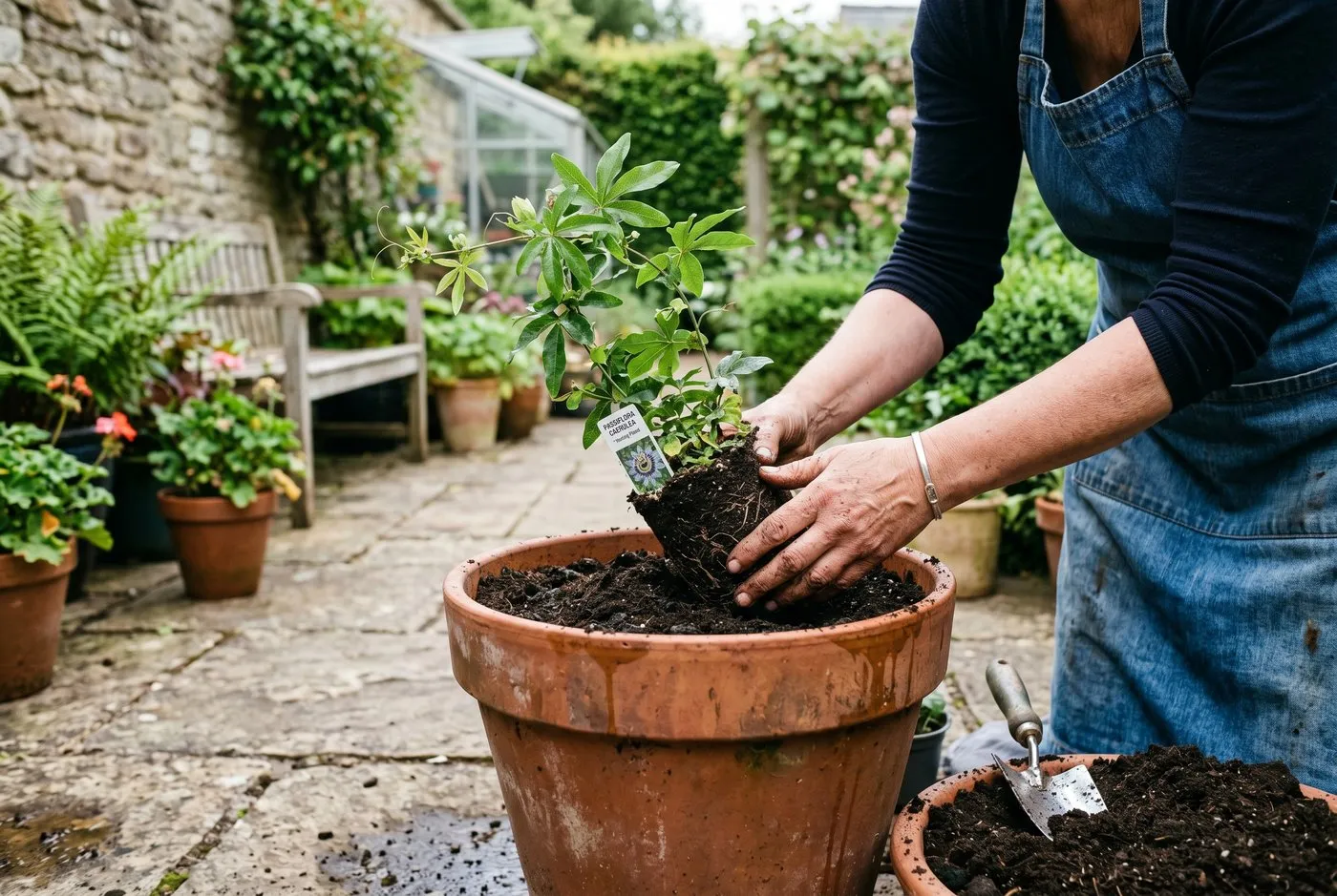 Hands potting up a young passionflower climber into a large terracotta pot of John Innes compost on a UK patio