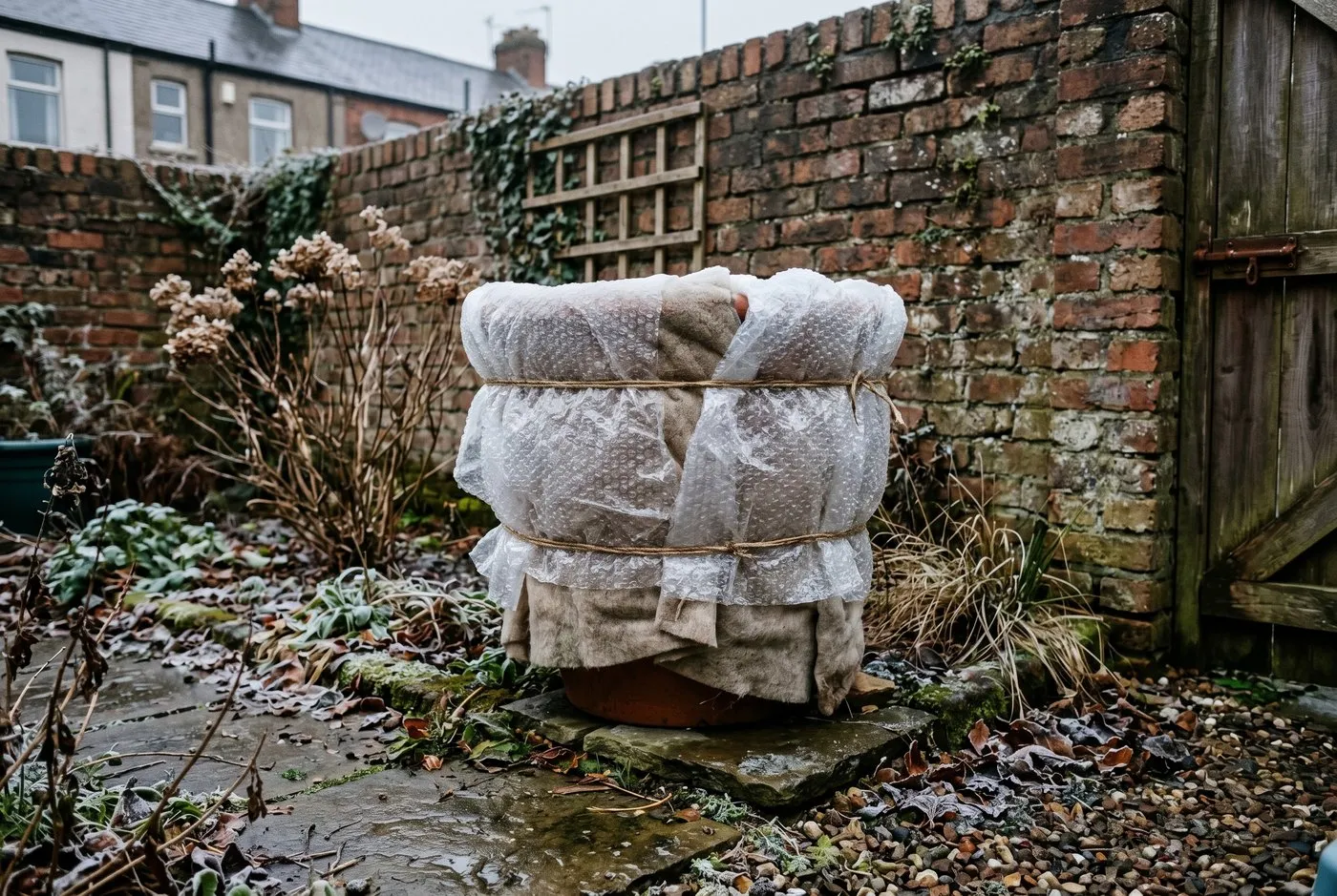 A passionflower pot wrapped in horticultural fleece and bubble wrap against a sheltered Belfast back garden wall in winter