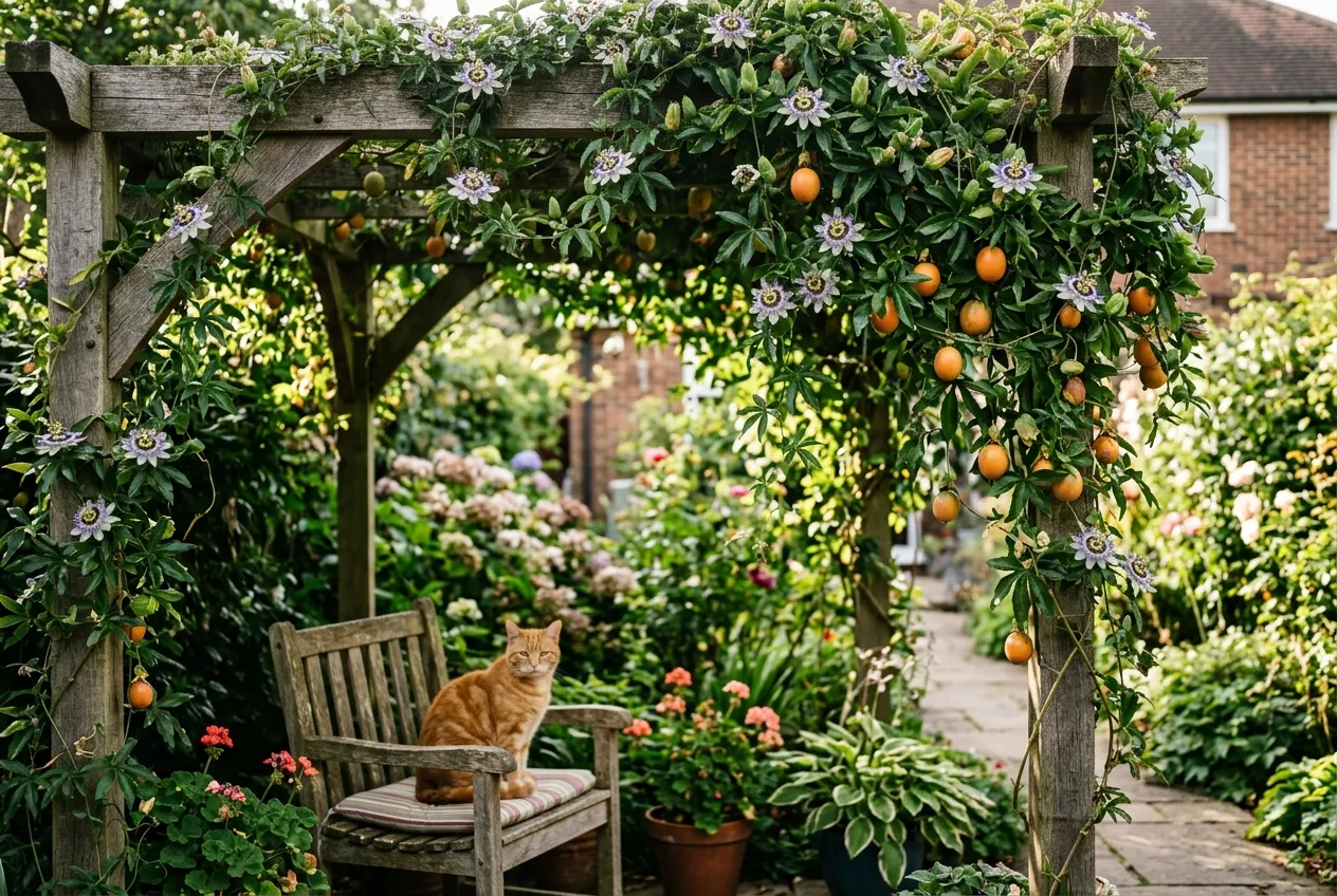Passionflower vine growing over a wooden pergola with orange passion fruit and a tabby cat sitting on a garden chair below