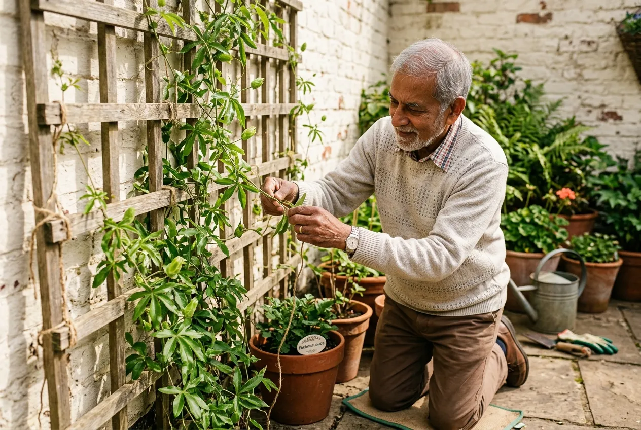 Young passionflower plant being trained against a trellis by a gardener tying in new growth with soft twine