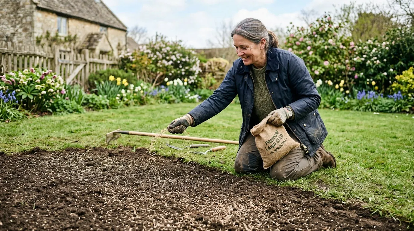 Patchy lawn repair by overseeding bare areas with grass seed on raked soil