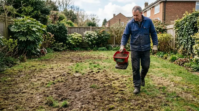 Patchy lawn with bare areas being oversown with grass seed