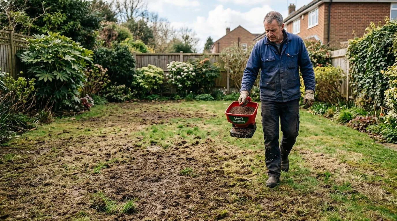 Patchy lawn with bare areas being oversown with grass seed