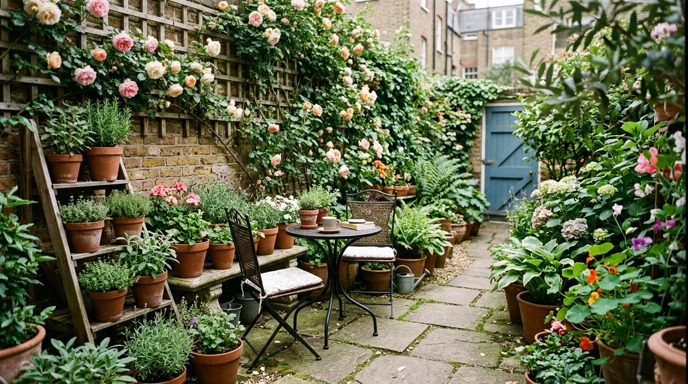 Small UK patio garden packed with container plants, climbing roses on a trellis, and a compact bistro table