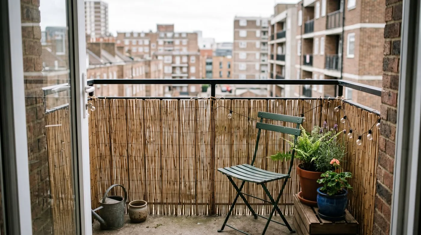 Natural reed screening fixed to a metal balcony railing on a UK city flat for privacy