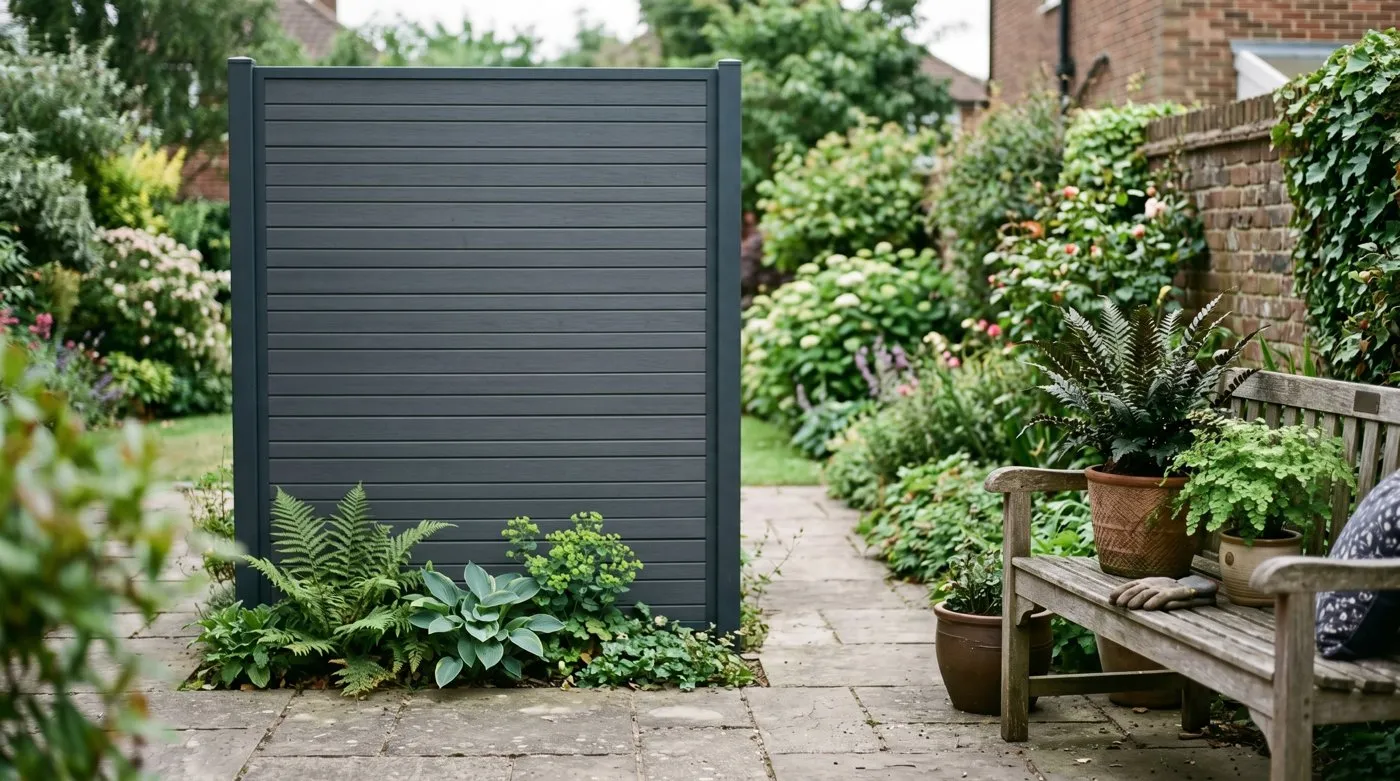 Dark grey composite slat freestanding privacy screen beside a paved seating area in a UK garden