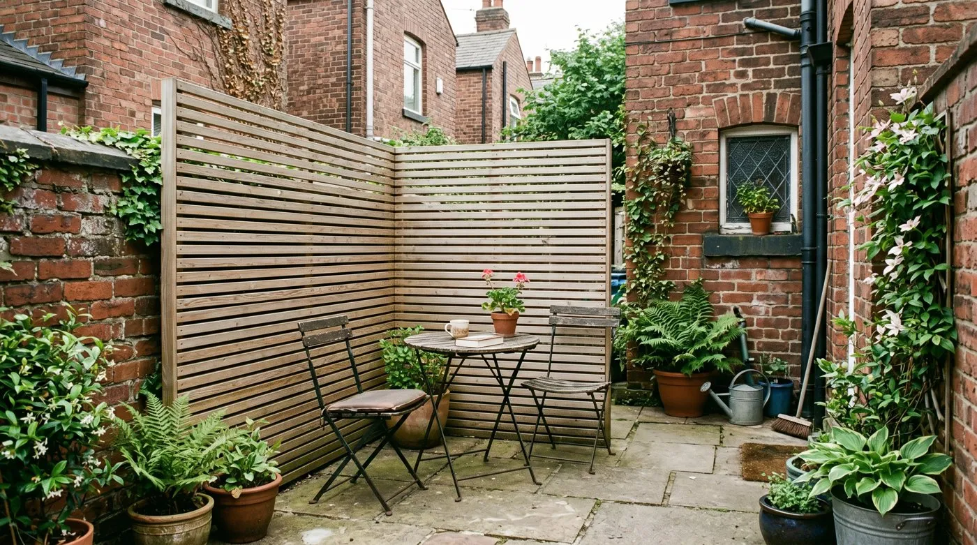 Small terraced-house patio with a freestanding corner privacy screen creating a private seating nook