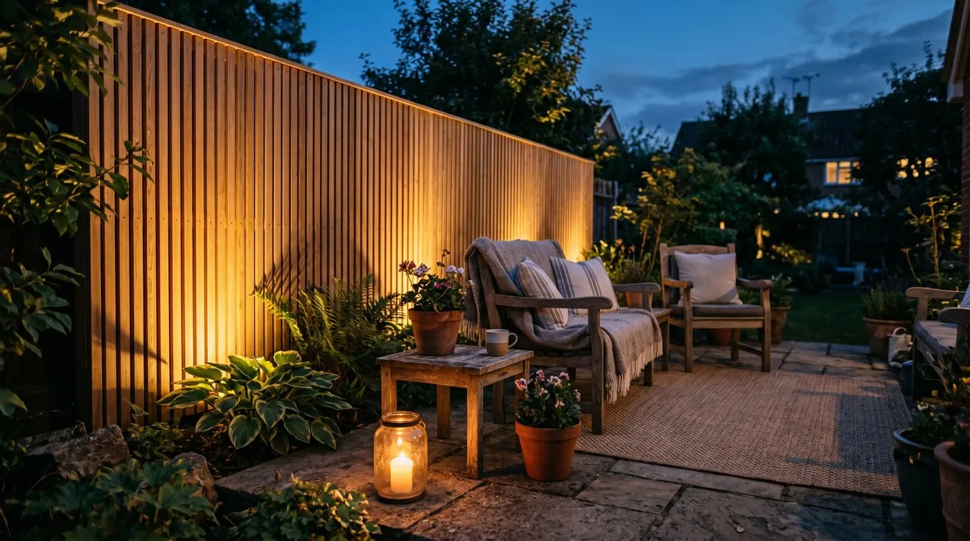 Slatted timber patio privacy screen lit from below with warm LED lighting at dusk in a UK garden
