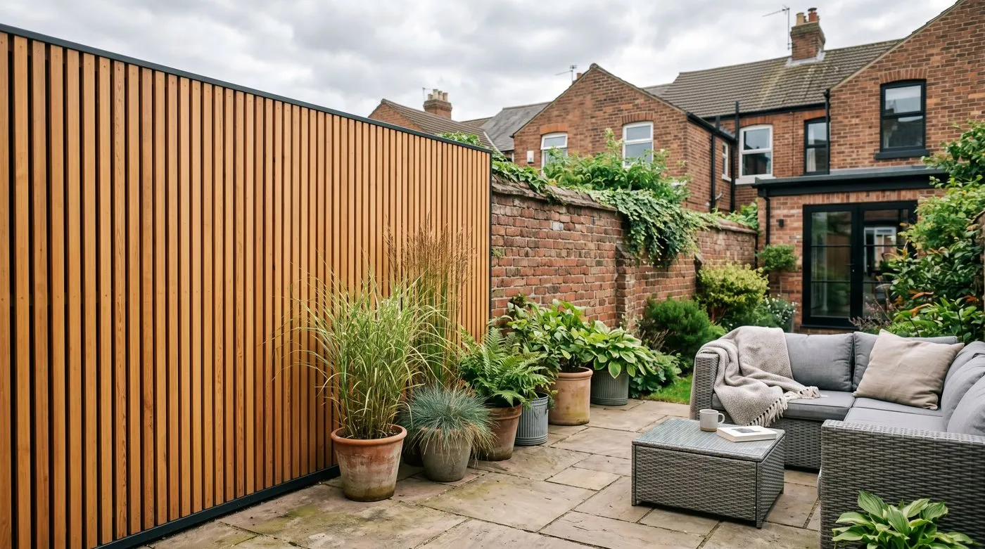 Slatted timber patio privacy screen beside a grey rattan seating area in a small UK garden
