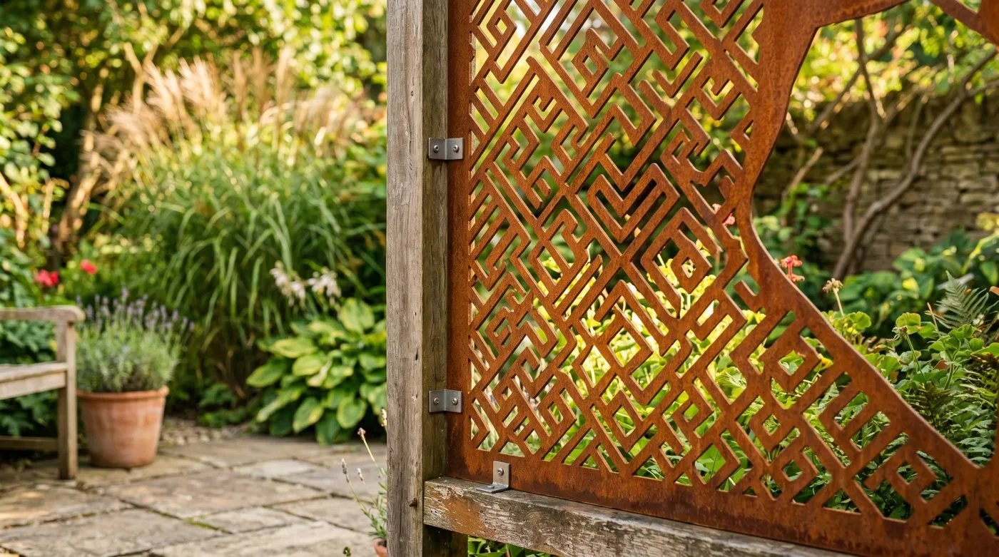 Decorative laser-cut corten metal garden screen panel with a geometric pattern on a UK patio