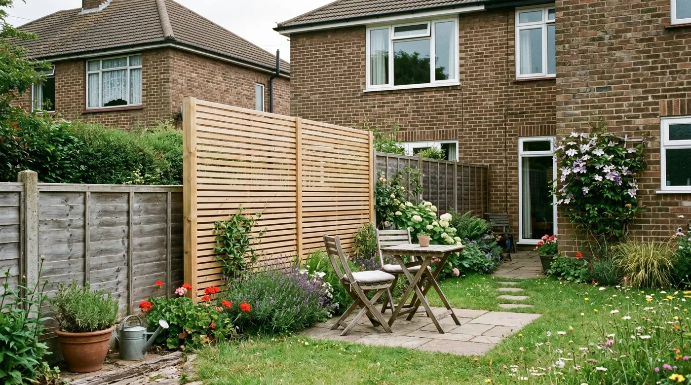 Slatted timber privacy screen blocking the sight-line from a neighbouring upstairs window on a UK patio
