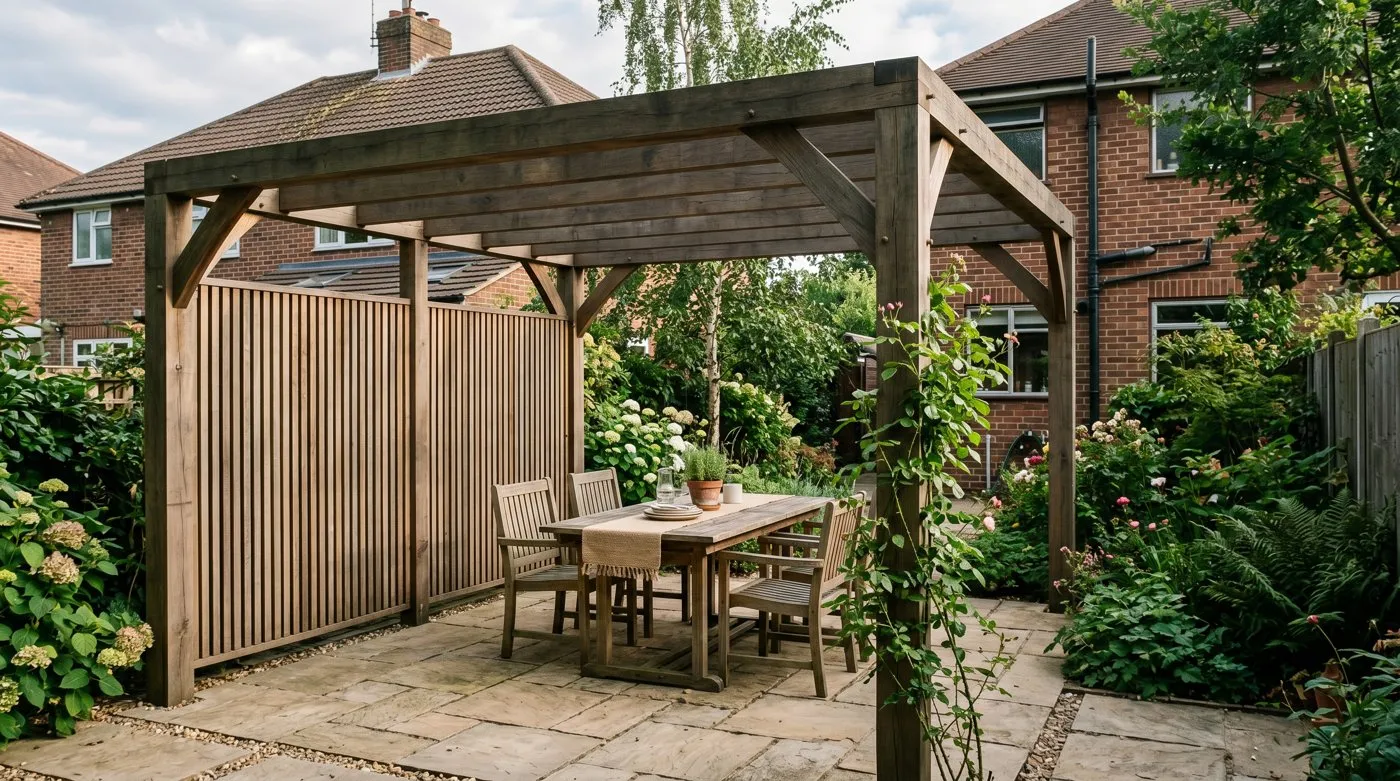 Treated timber pergola over a UK patio with a slatted privacy screen fitted to one side