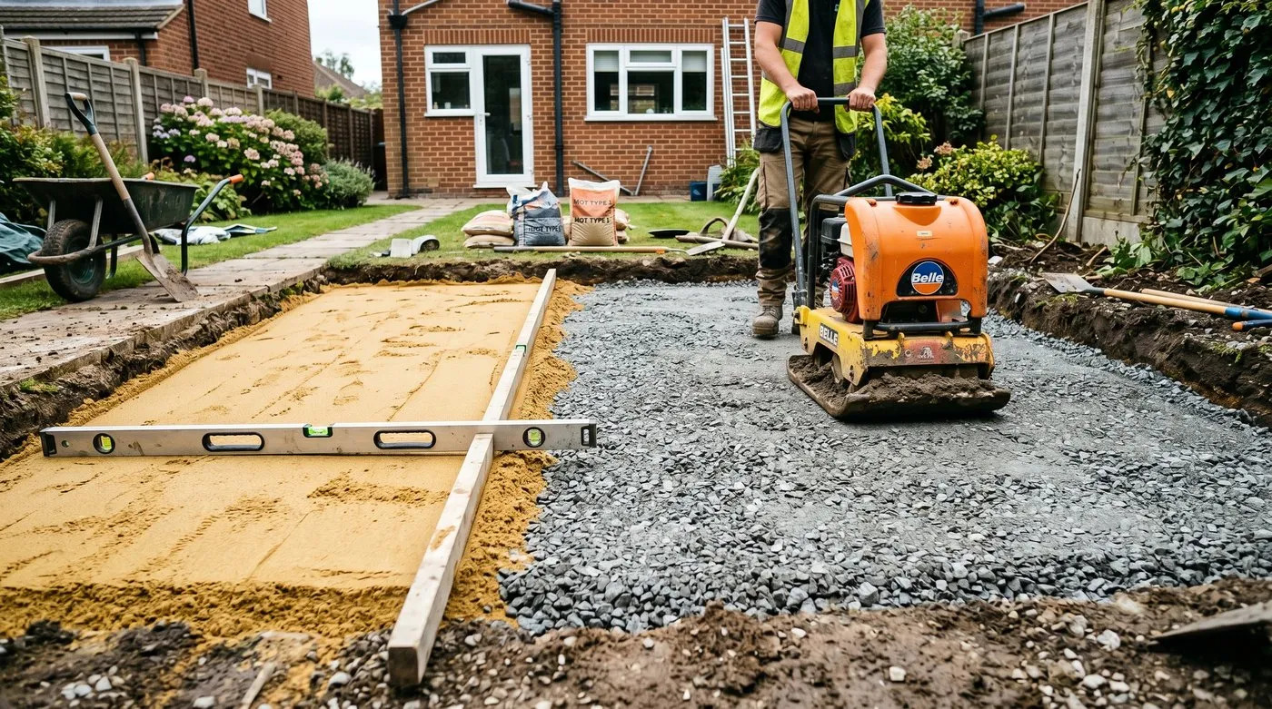 A compacted MOT Type 1 sub-base being prepared with a plate compactor before a garden surface is laid