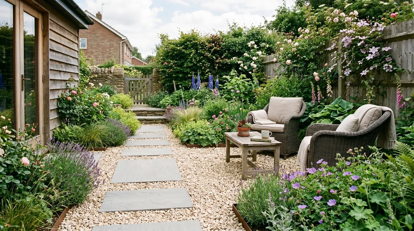 A UK back garden surfaced with pale buff gravel and large porcelain stepping pavers, framed by planted borders