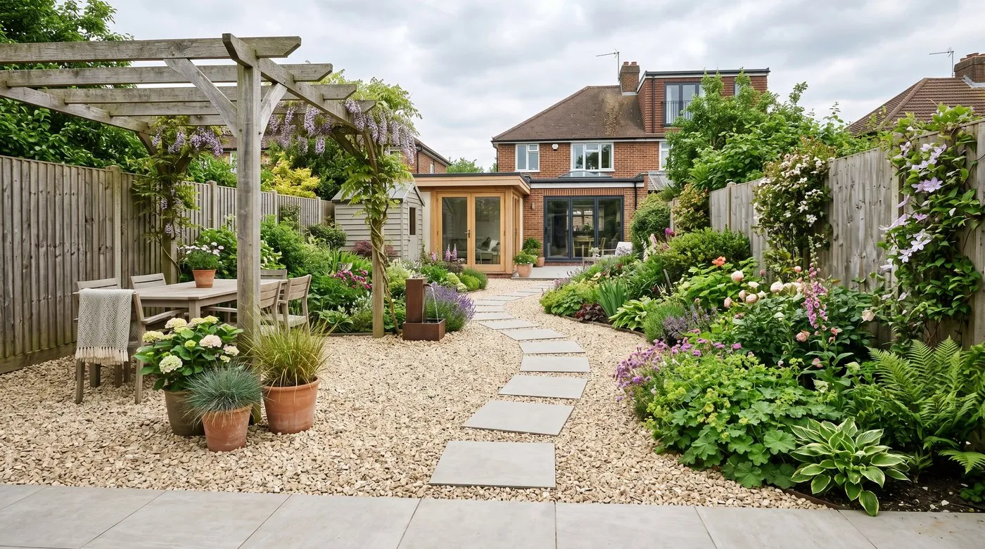 A UK back garden surfaced with pale gravel and porcelain stepping pavers instead of traditional paving slabs