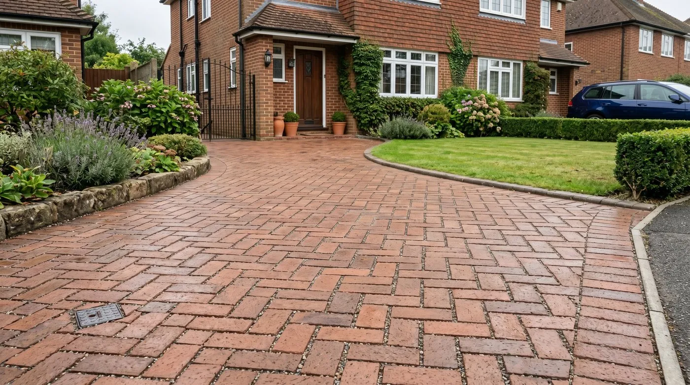 Permeable clay block paving laid in a herringbone pattern on a UK driveway, with grit-filled joints for drainage