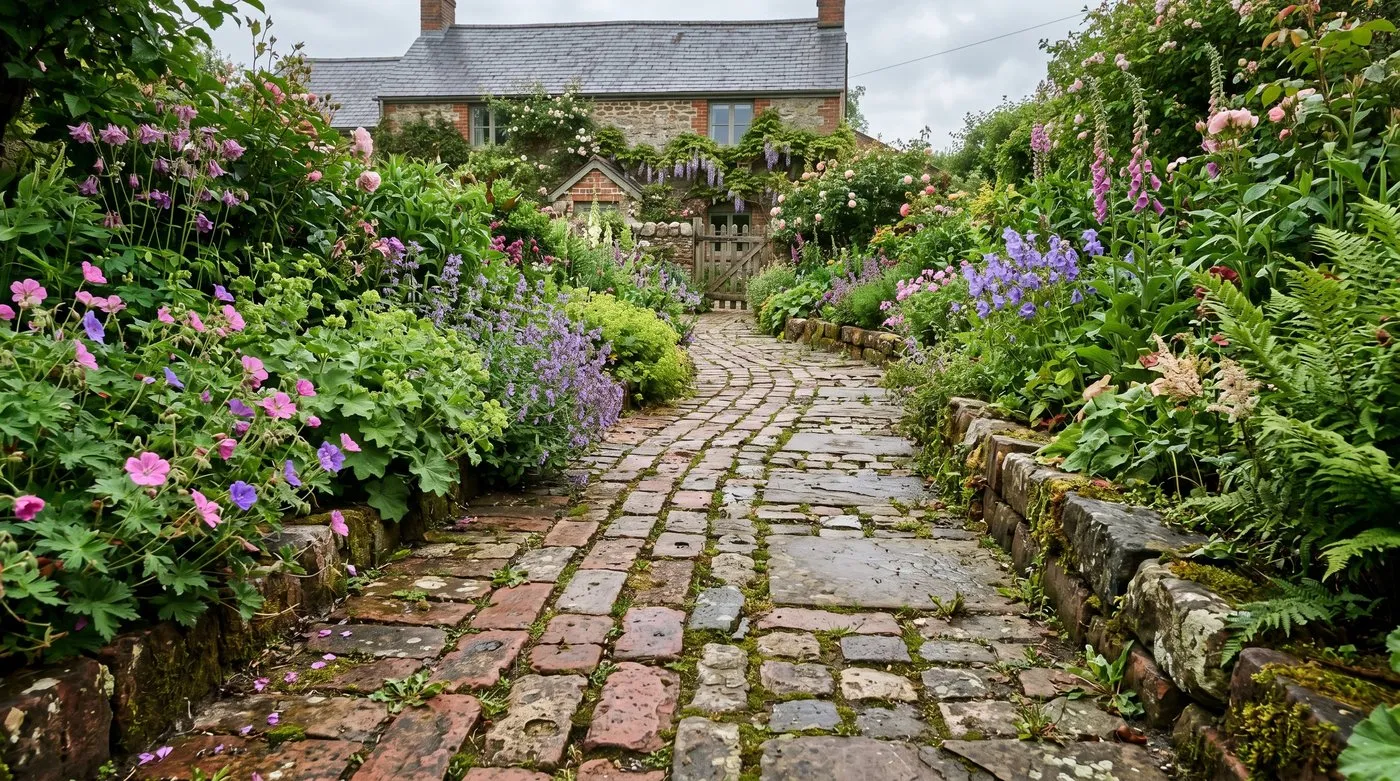 Reclaimed red brick and old stone laid as a characterful path surface in a UK cottage garden