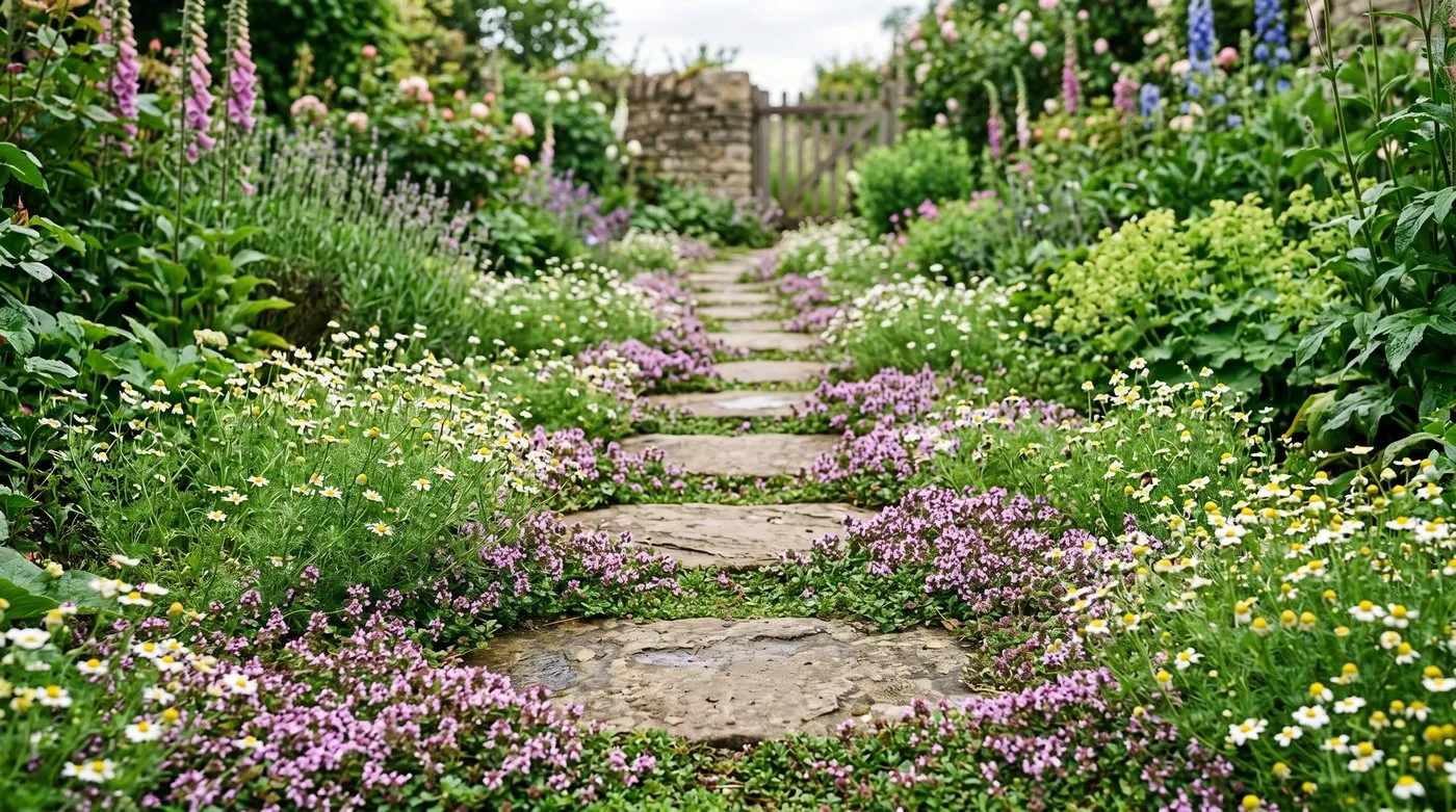 Creeping thyme and chamomile growing between natural stone stepping stones in a UK garden, a planted ground-cover surface