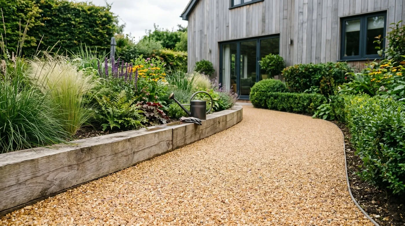 A smooth resin-bound gravel patio in a contemporary UK garden, weed-free, beside a raised border