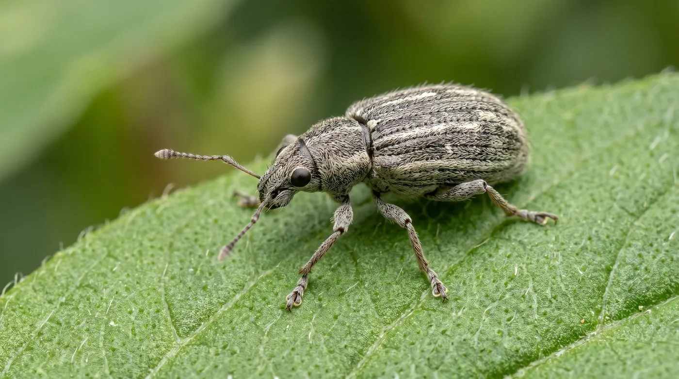 A small greyish-brown adult pea and bean weevil with faint pale stripes resting on a bean leaf