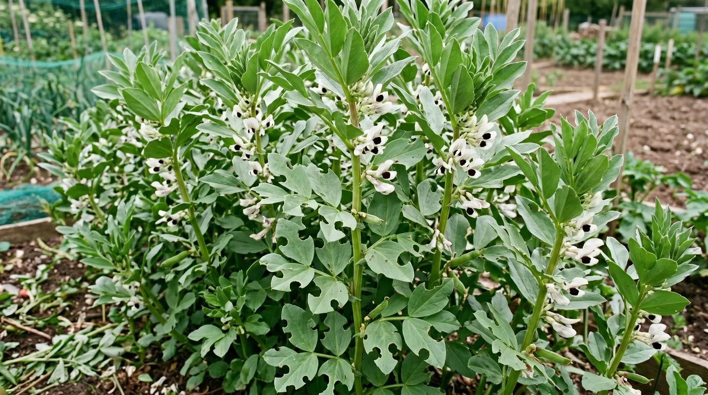 Established broad bean plants in flower and cropping well despite weevil-notched lower leaves in a UK allotment
