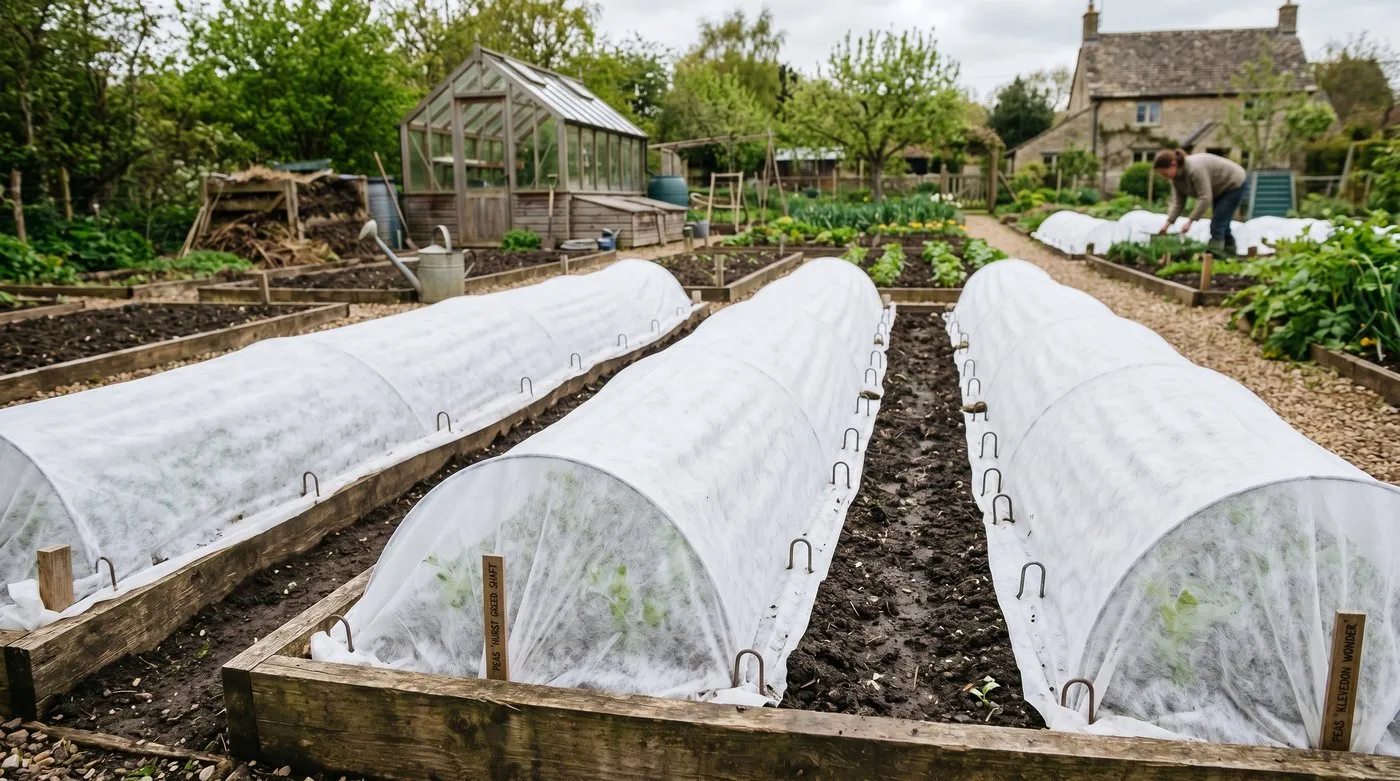 Rows of pea and bean seedlings protected under horticultural fleece in a UK vegetable garden in spring