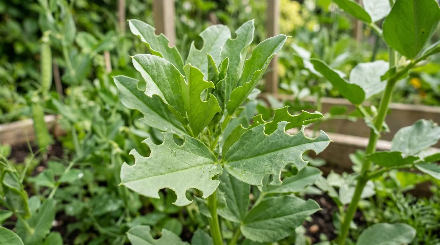 Broad bean leaves showing the U-shaped marginal notches caused by adult pea and bean weevil