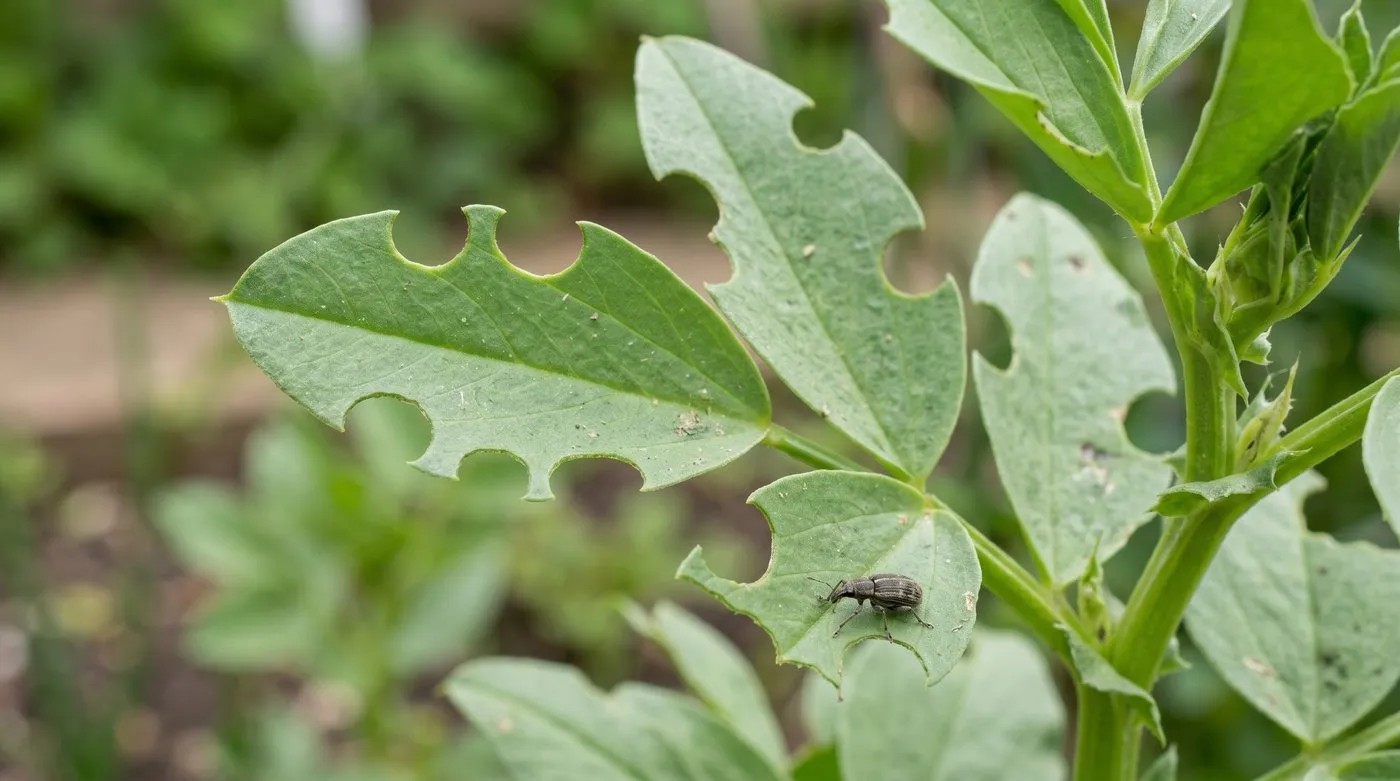 Broad bean leaves with neat U-shaped notches chewed inward from the margins by pea and bean weevil