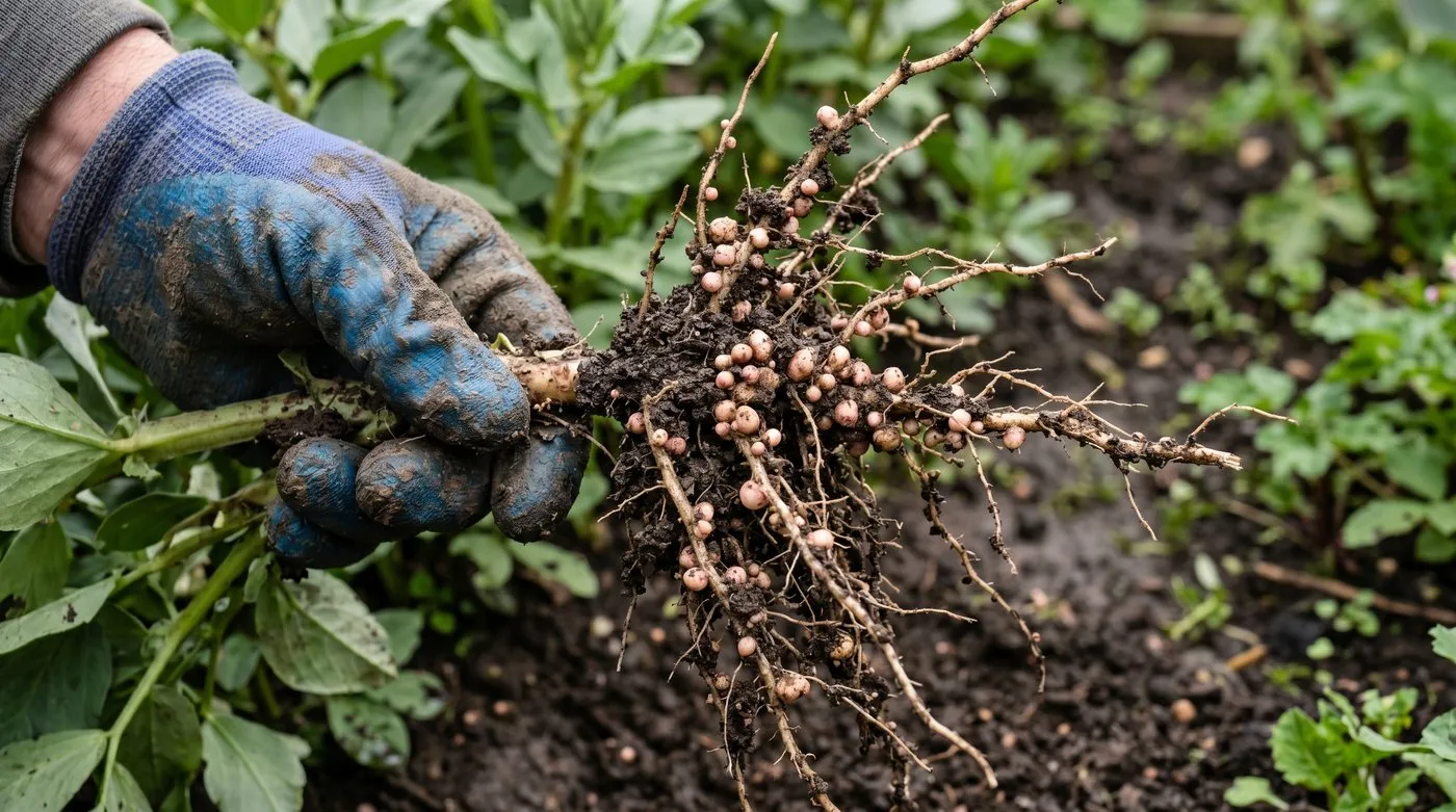 Lifted broad bean roots showing the pinkish nitrogen-fixing nodules where pea and bean weevil larvae feed