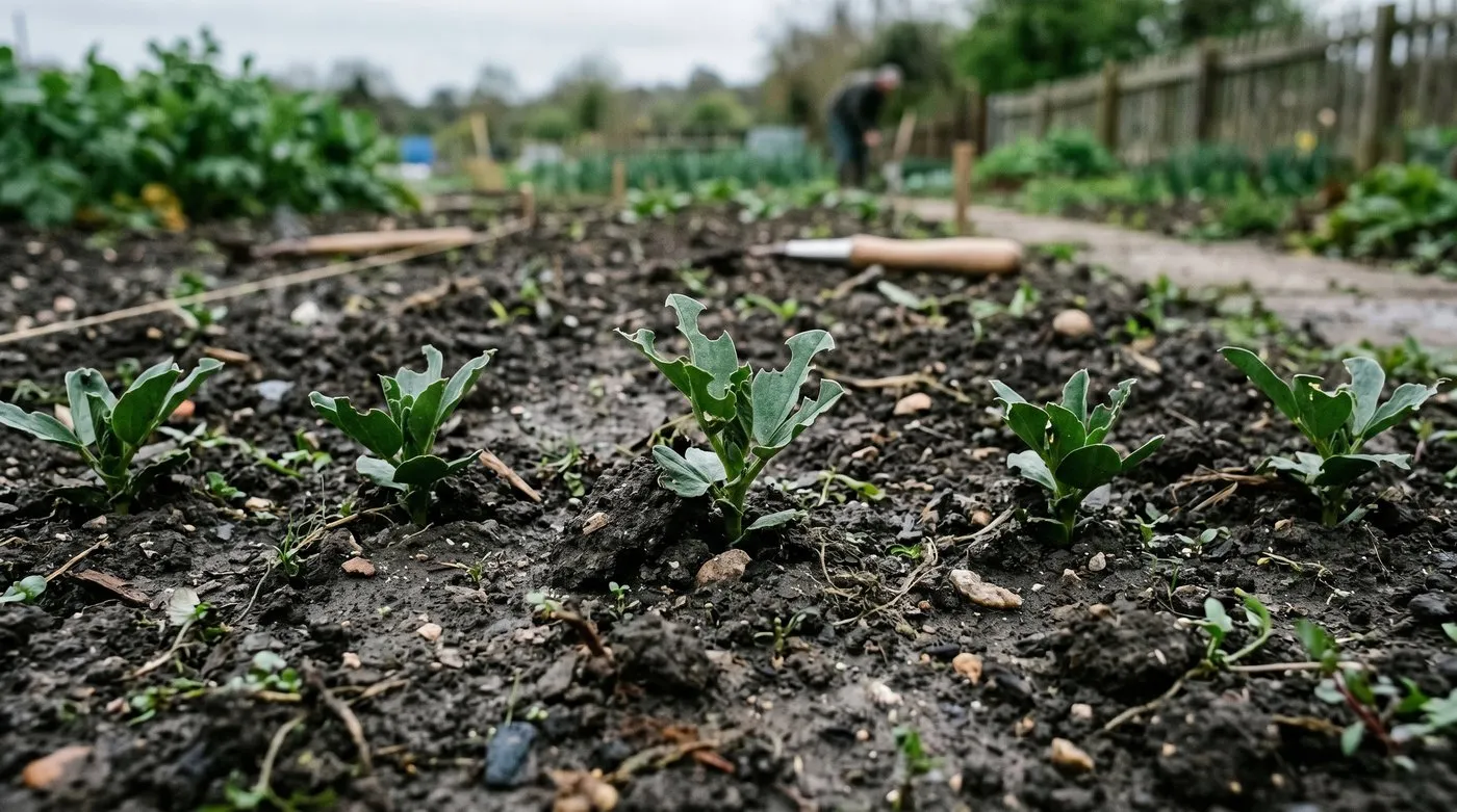 Young broad bean seedlings checked by heavy pea and bean weevil feeding in cold spring soil, sitting small and slow