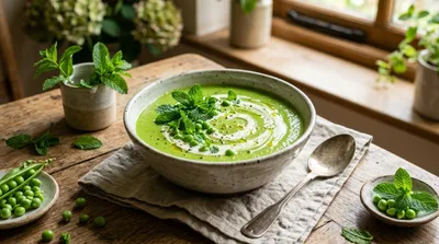 UK pea and mint soup in a rustic ceramic bowl with vibrant bright green colour swirl of cream and fresh mint leaves garnish, podded peas and mint sprigs on a wooden table
