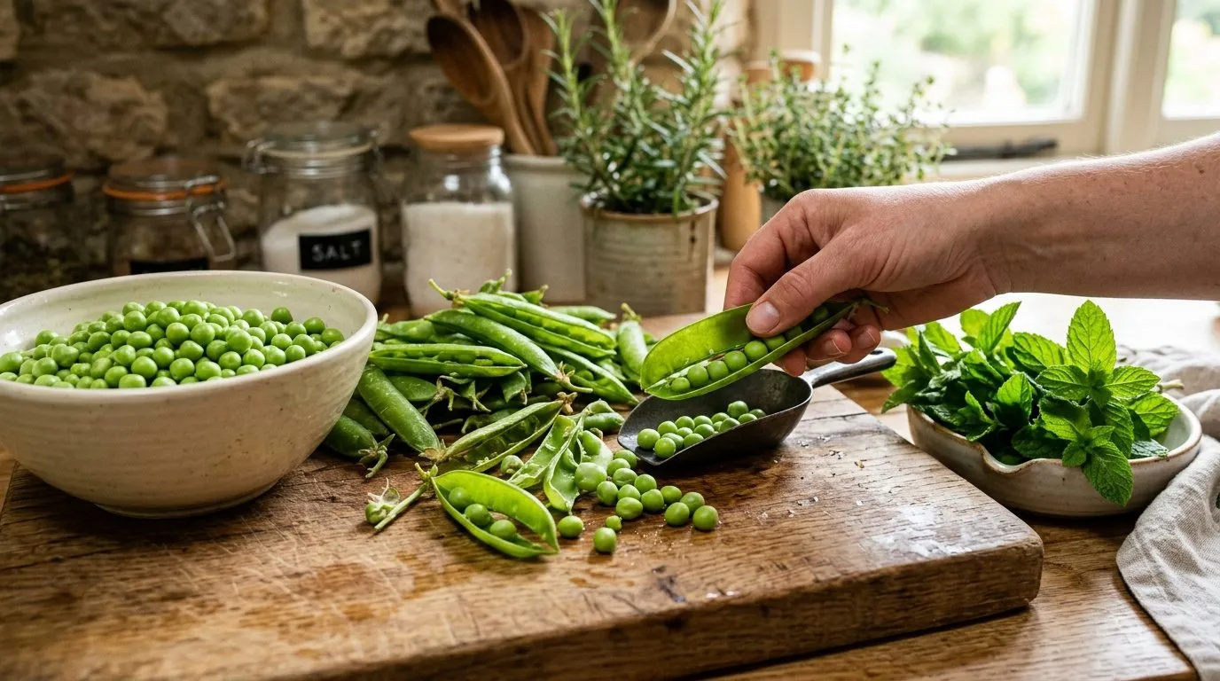 Fresh UK garden peas being podded on a wooden chopping board with empty pods and a bowl of bright green peas, fresh mint leaves nearby