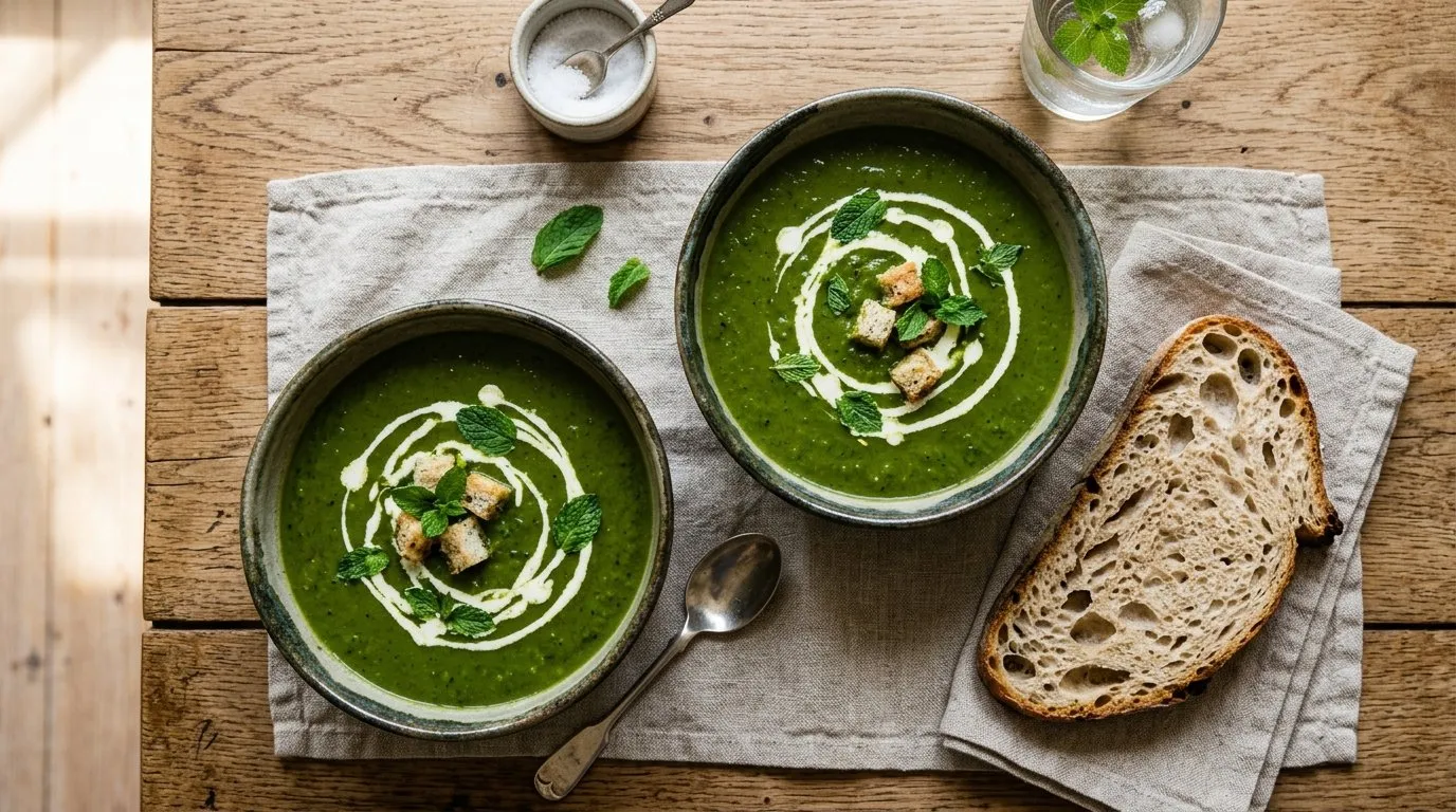 Overhead bowl of UK pea and mint soup with cream swirl mint leaves and a slice of crusty sourdough on a linen napkin on a wooden table