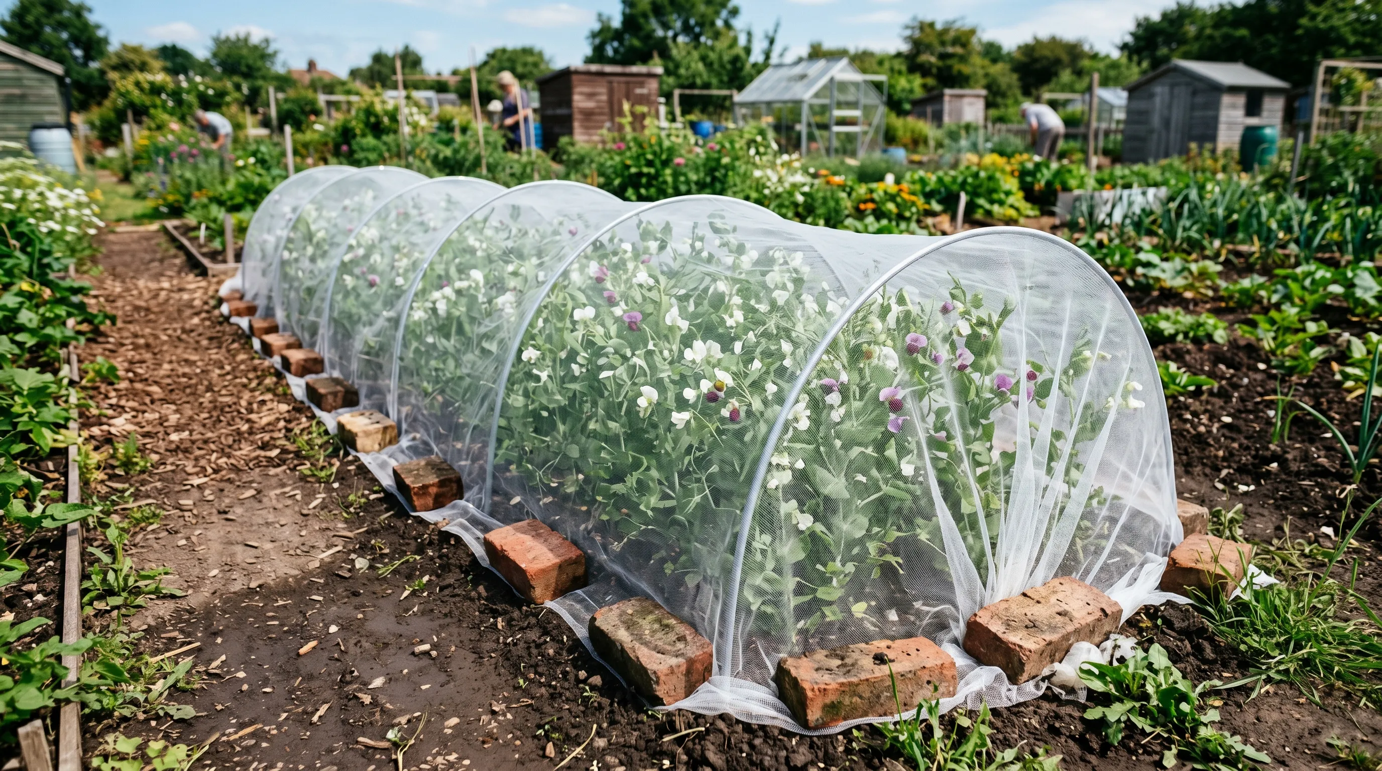 A UK allotment row of peas covered with fine white insect mesh on hoops 50cm above the row showing the mesh tightly tucked into the soil along both sides with peas flowering visible through the netting