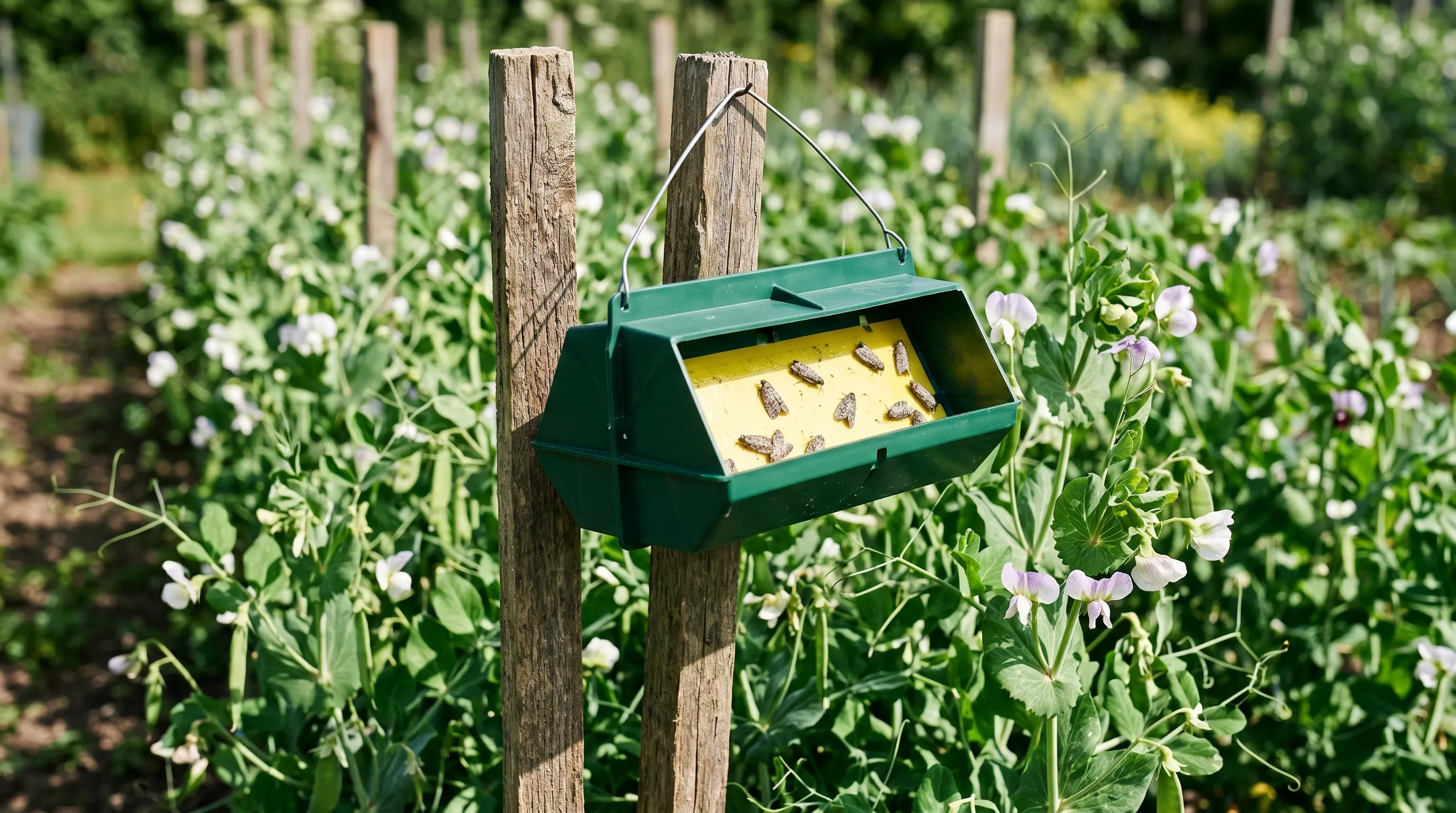 Pea moth pheromone trap hanging in a row of UK garden peas with the sticky card visible and several captured male moths on the surface
