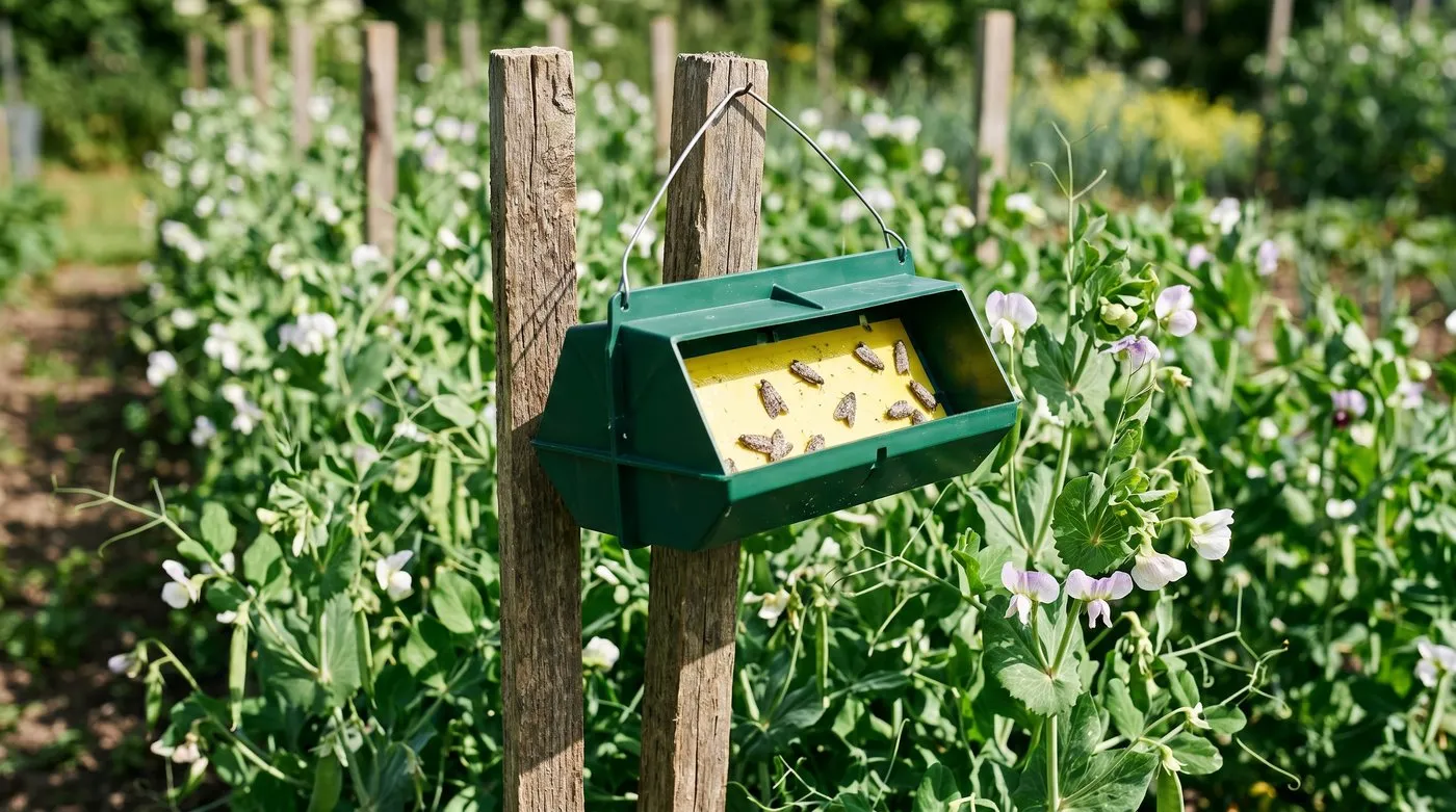 Pea moth pheromone trap hanging in a row of UK garden peas with the sticky card visible and several captured male moths on the surface