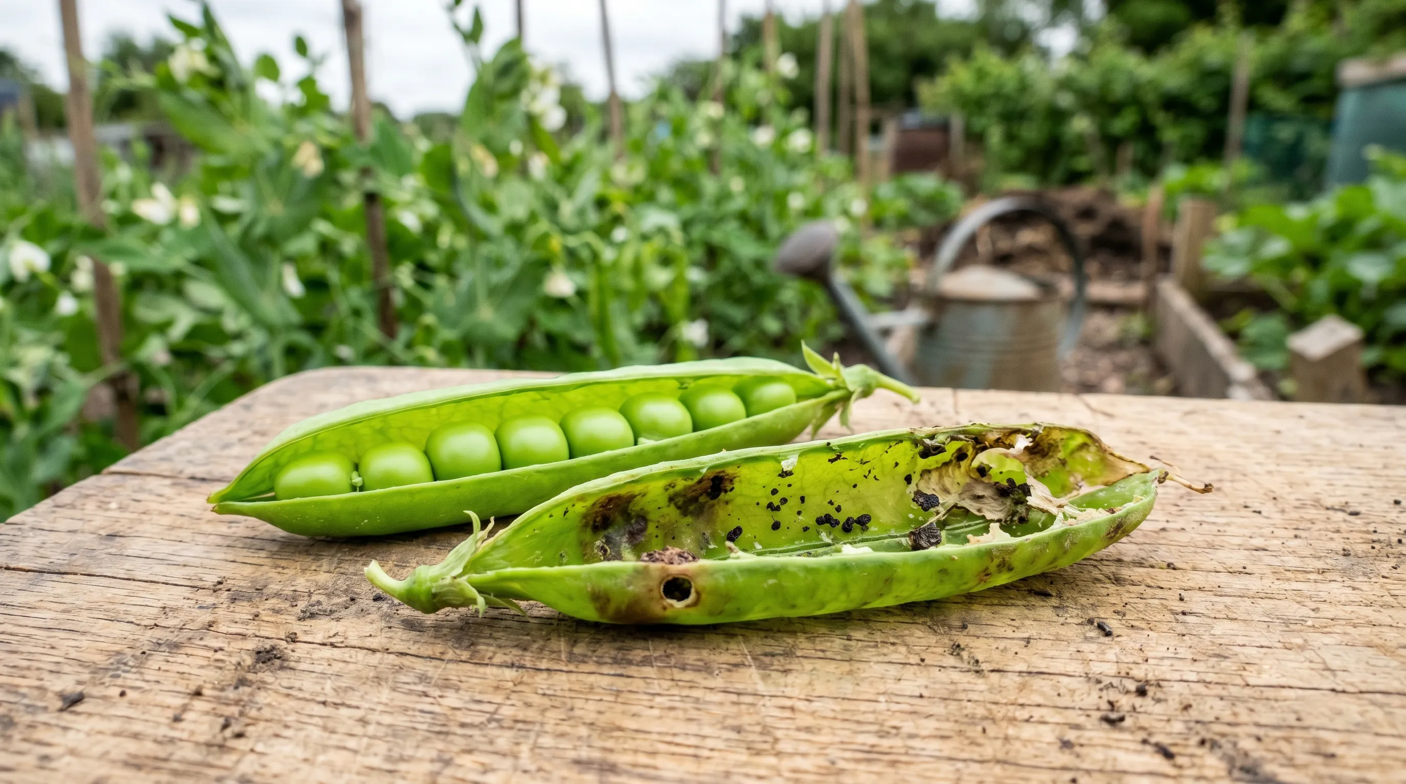 Open pea pod with healthy green peas inside next to another pod showing the pale green pea moth caterpillar burrowing through the developing seeds on a UK allotment
