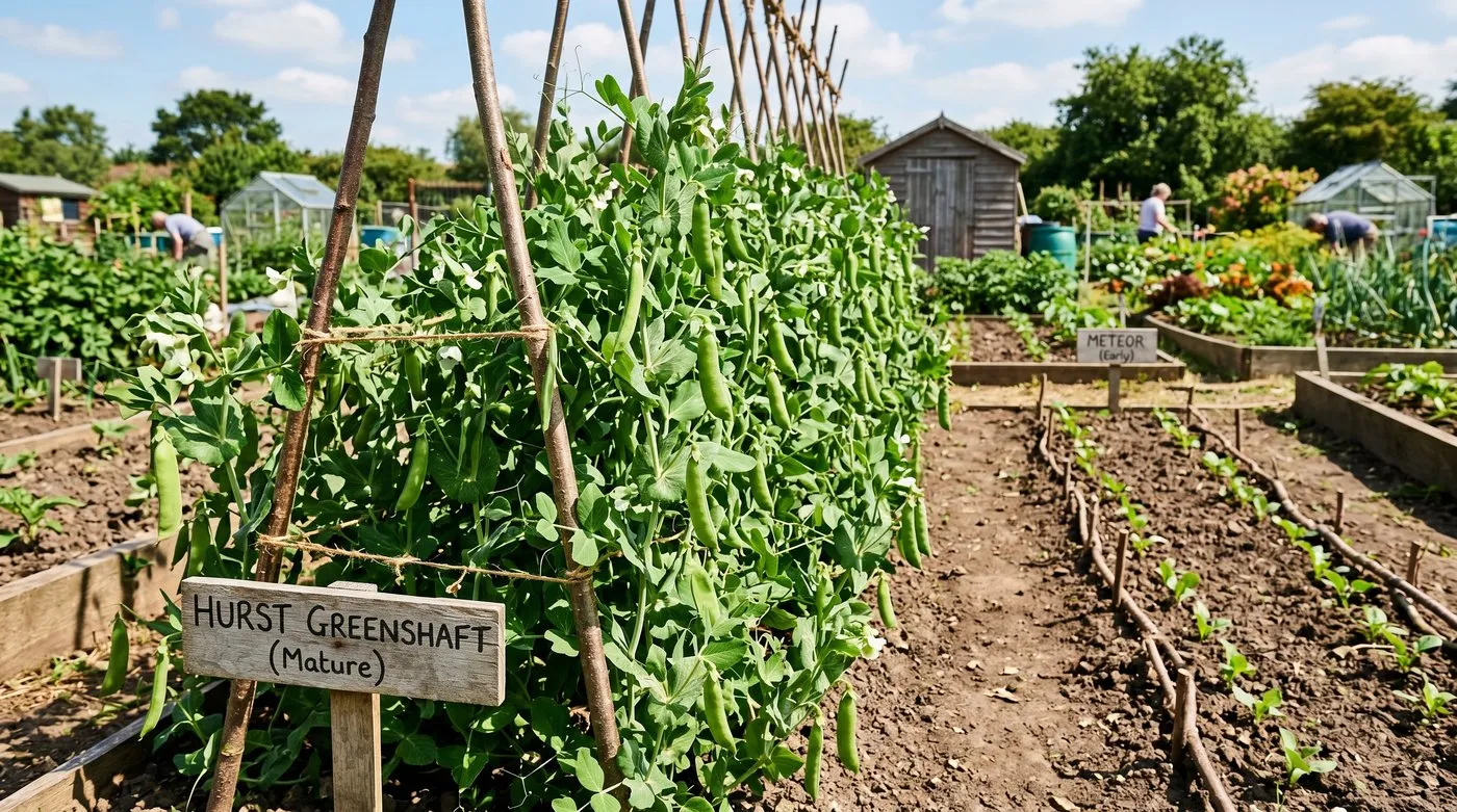 Two beds of peas at different growth stages on a UK allotment with the early bed in pod fill and the late bed just emerging from the soil with name labels visible